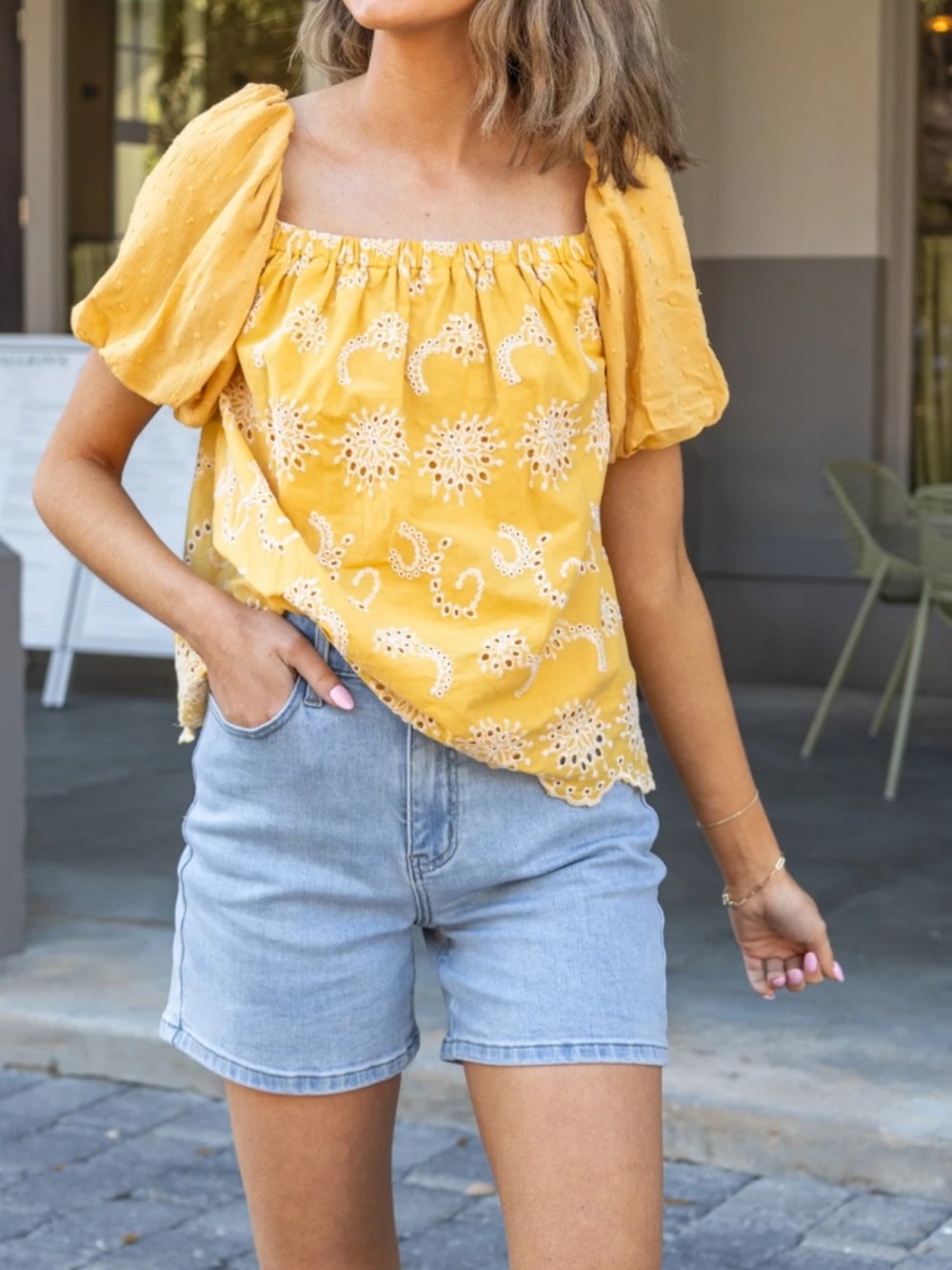 Grace & Emma Yellow Eyelet Embroidered Peasant Top Blouse 100% cotton
